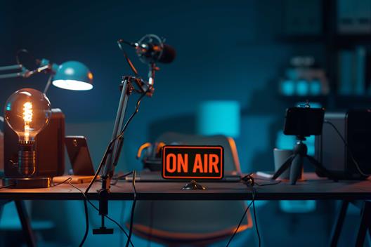 Live-Online-Radiostudio mit „On Air“-Schild, Unterhaltungs- und Kommunikationskonzept